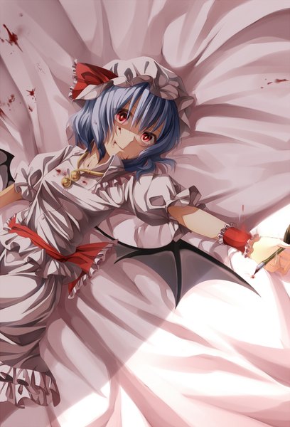 Anime picture 1200x1764 with touhou remilia scarlet kuga huna fuuna (conclusion) single tall image short hair red eyes blue hair lying girl dress skirt wings frills blood bonnet skirt set