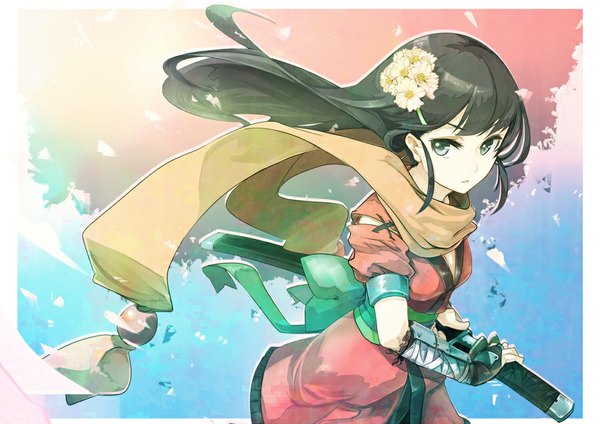 Anime picture 900x637 with original konishi (koconatu) single long hair looking at viewer fringe black hair payot traditional clothes japanese clothes hair flower aqua eyes green hair from above wind short sleeves grey eyes framed fighting stance sheathed