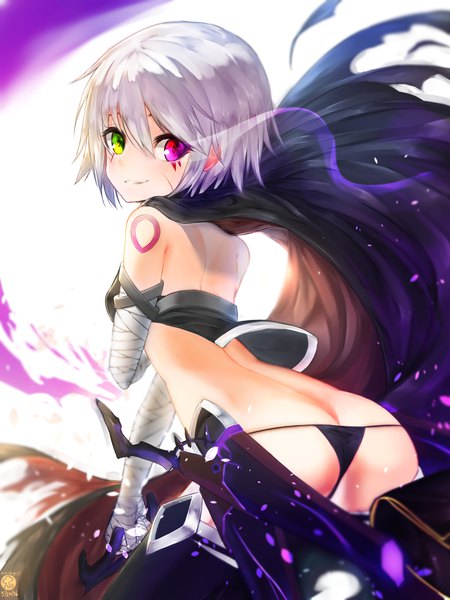 Anime picture 3000x4000 with fate (series) fate/grand order fate/stay night fate/apocrypha jack the ripper (fate/apocrypha) nekodayo22 single tall image looking at viewer fringe highres short hair light erotic smile hair between eyes red eyes green eyes silver hair ass looking back