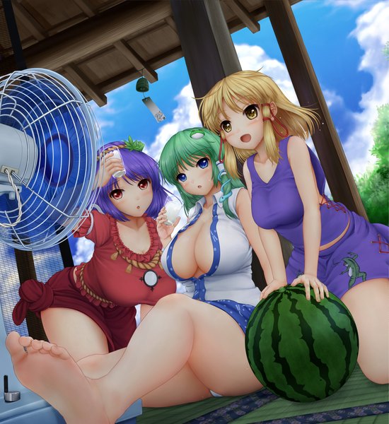 Anime picture 1320x1440 with touhou kochiya sanae moriya suwako yasaka kanako miyako ji tall image blush short hair breasts open mouth blue eyes light erotic blonde hair red eyes sitting multiple girls yellow eyes cleavage purple hair barefoot