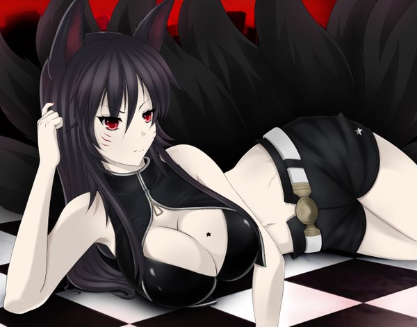 Anime picture 2800x2200 with black rock shooter league of legends ahri (league of legends) black gold saw single long hair highres breasts light erotic black hair red eyes large breasts bare shoulders lying fox ears facial mark fox tail scar checkered floor multiple tails