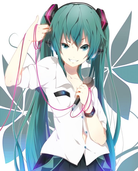 Anime picture 966x1200 with vocaloid hatsune miku ogipote single tall image looking at viewer very long hair aqua eyes aqua hair grin open collar girl flower (flowers) shirt bracelet headphones microphone cable