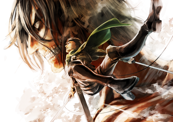 Anime picture 1518x1075 with shingeki no kyojin production i.g eren yaeger levi (rivaille) rogue titan otani (gloria) short hair holding teeth steam dual wielding midair giant boy weapon sword cape pants knee boots rope