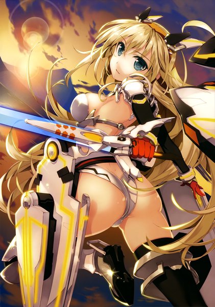 Anime picture 2875x4100 with fujima takuya single long hair tall image highres breasts blue eyes light erotic blonde hair sky cloud (clouds) ass looking back official art evening sunset girl thighhighs gloves weapon