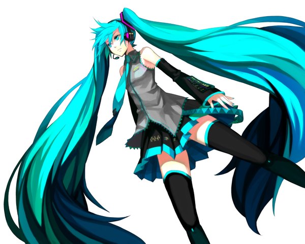 Anime picture 1500x1203 with vocaloid hatsune miku osamu (jagabata) white background twintails girl thighhighs skirt