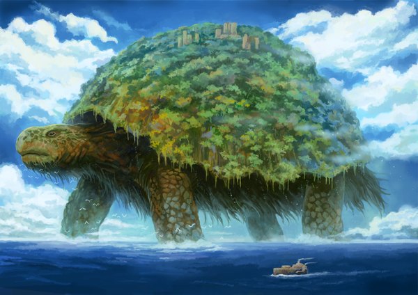 Anime picture 1500x1061 with original kemi neko cloud (clouds) overgrown giant animal animal water sea building (buildings) watercraft ship turtle