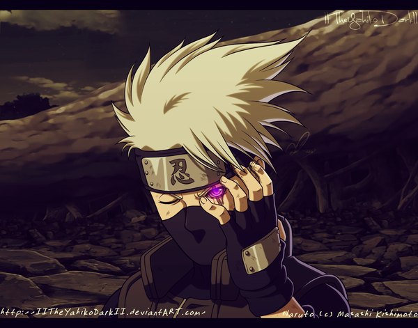 Anime picture 1600x1258 with naruto studio pierrot naruto (series) hatake kakashi iitheyahikodarkii single looking at viewer short hair purple eyes one eye closed grey hair wink coloring letterboxed scar rinnegan manga boy gloves black gloves