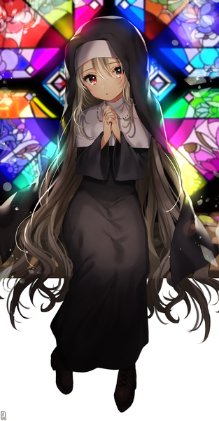 Anime picture 960x1836 with original gambe single tall image looking at viewer fringe hair between eyes red eyes sitting holding brown eyes full body very long hair wide sleeves hands clasped nun praying girl dress choker