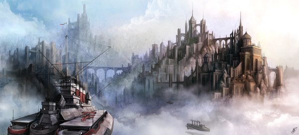 Anime picture 2000x904 with okita highres wide image cloud (clouds) city cityscape aircraft bridge watercraft airplane ship airship