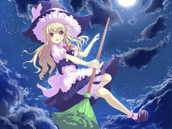 Anime picture 1024x768 with touhou kirisame marisa satou takeshi single long hair open mouth blonde hair yellow eyes cloud (clouds) full body braid (braids) :d night girl hat moon witch hat broom knickers