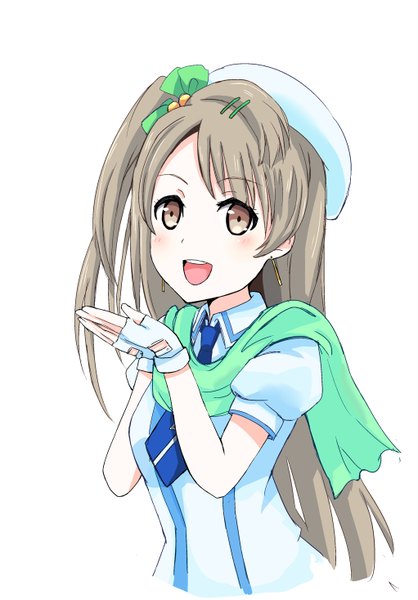 Anime picture 1022x1468 with love live! school idol project sunrise (studio) love live! minami kotori basira single long hair tall image looking at viewer blush fringe open mouth simple background brown hair standing white background brown eyes :d short sleeves one side up