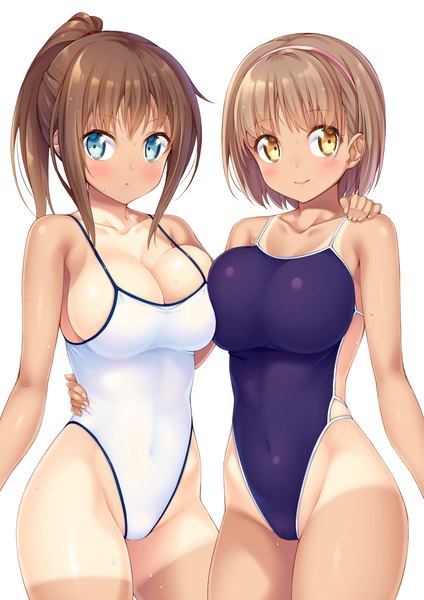 Anime picture 849x1200 with original ichi makoto long hair tall image blush short hair breasts blue eyes light erotic simple background smile brown hair large breasts white background bare shoulders multiple girls brown eyes ponytail parted lips breast press