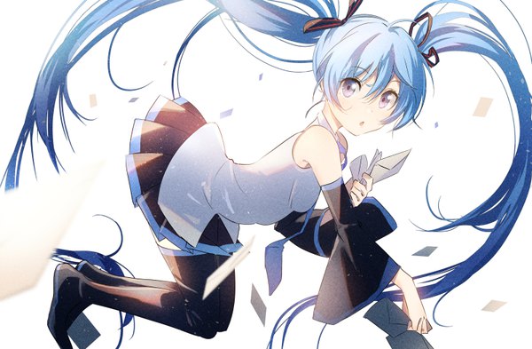 Anime picture 800x525 with vocaloid hatsune miku domo1220 single looking at viewer blush fringe open mouth blue eyes simple background hair between eyes white background twintails bare shoulders holding payot blue hair full body ahoge bent knee (knees)