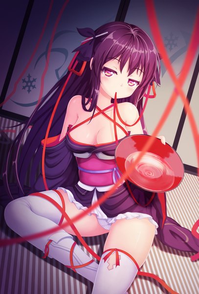 Anime picture 2480x3654 with machine-doll wa kizutsukanai yaya (machine-doll) fukuro ko (greentea) long hair tall image highres breasts light erotic purple eyes holding purple hair traditional clothes japanese clothes pantyshot mouth hold ribbon in mouth girl thighhighs underwear panties