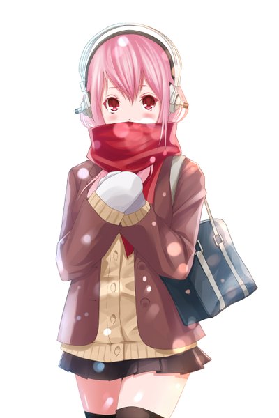 Anime picture 1000x1500 with nitroplus super sonico single long hair tall image looking at viewer blush simple background red eyes white background pink hair snowing girl thighhighs black thighhighs jacket headphones scarf school bag