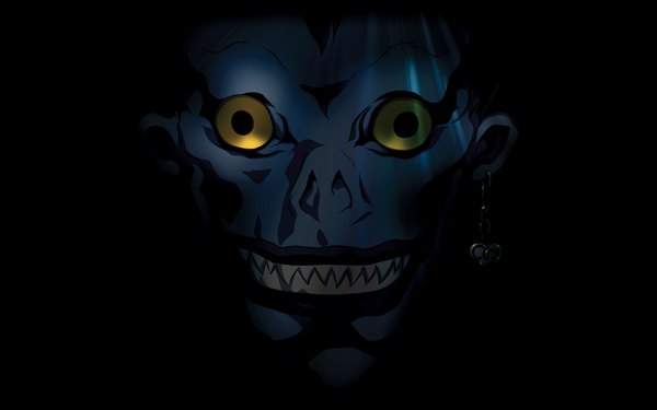 Anime picture 1680x1050 with death note madhouse ryuk black hair wide image yellow eyes teeth black background portrait face sharp teeth jpeg artifacts blue skin earrings