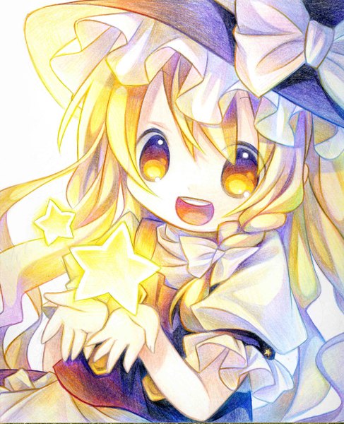 Anime picture 2000x2465 with touhou kirisame marisa kagami leo single long hair tall image highres open mouth blonde hair simple background white background yellow eyes looking away braid (braids) single braid chibi traditional media colored pencil (medium) girl hat
