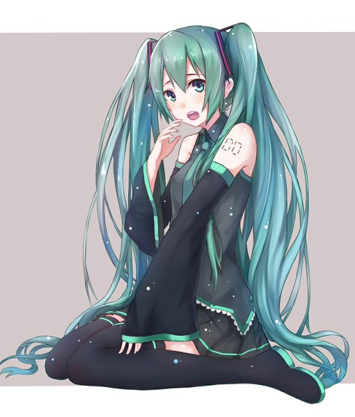 Anime picture 850x1000 with vocaloid hatsune miku echj single long hair tall image looking at viewer blush open mouth sitting twintails bare shoulders aqua eyes aqua hair teeth wariza girl thighhighs skirt black thighhighs