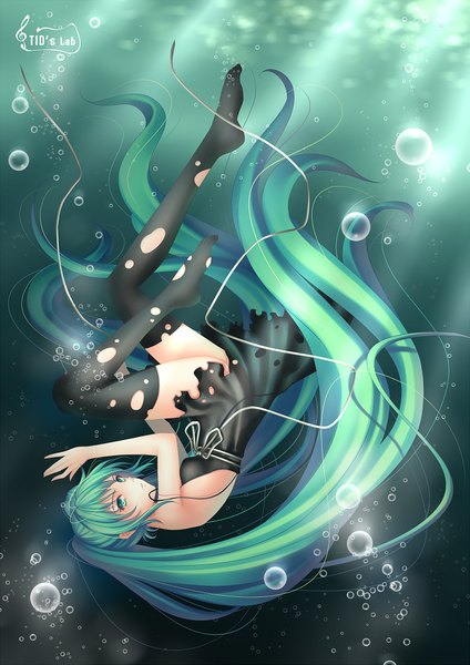 Anime picture 706x1000 with vocaloid hatsune miku tidsean single tall image twintails bare shoulders very long hair aqua eyes aqua hair girl thighhighs dress black thighhighs bubble (bubbles) torn thighhighs