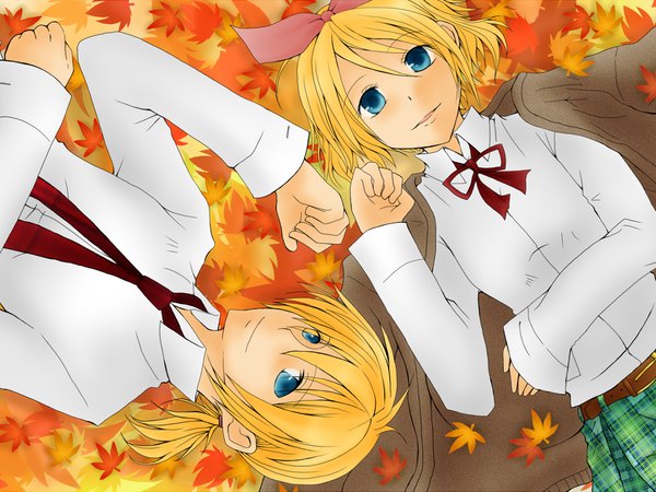 Anime picture 1024x768 with vocaloid kagamine rin kagamine len okidki looking at viewer short hair blue eyes blonde hair lying on back low ponytail siblings clothes on shoulders twins brother and sister girl boy uniform bow hair bow