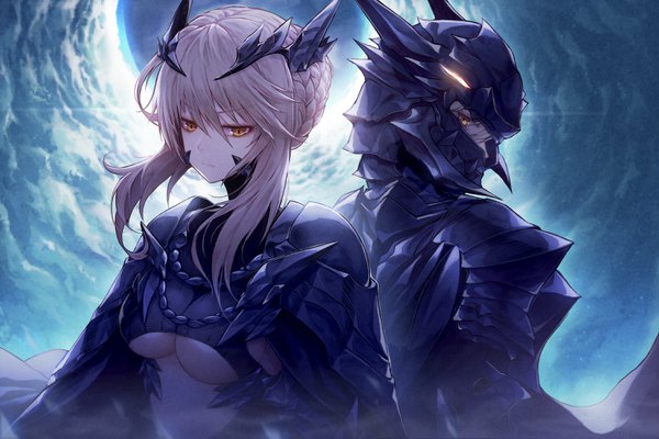 Anime picture 3000x2000 with fate (series) fate/grand order artoria pendragon (all) artoria pendragon (lancer alter) okazu (eightstudio) long hair fringe highres breasts light erotic blonde hair hair between eyes large breasts yellow eyes payot sky cloud (clouds) upper body braid (braids) looking back