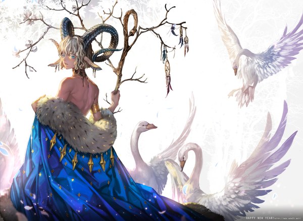 Anime picture 1300x952 with original oollnoxlloo single looking at viewer open mouth blue eyes simple background white background holding animal ears looking back horn (horns) grey hair off shoulder fur trim bare back english expressionless walking androgynous