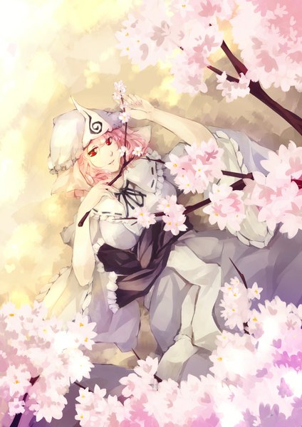 Anime picture 1578x2232 with touhou saigyouji yuyuko kalalasan single tall image fringe short hair smile red eyes pink hair lying traditional clothes light smile on back cherry blossoms girl flower (flowers) plant (plants) hat tree (trees)
