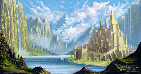 Anime picture 1500x787 with original syntetyc wide image signed sky cloud (clouds) mountain scenic waterfall lake ambiguous gender plant (plants) tree (trees) water forest castle watercraft ship