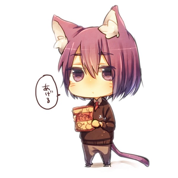 Anime picture 800x800 with kuroko no basket production i.g murasakibara atsushi mika (1020mk) single looking at viewer blush fringe short hair white background purple eyes holding animal ears purple hair tail animal tail cat ears cat tail eyebrows chibi