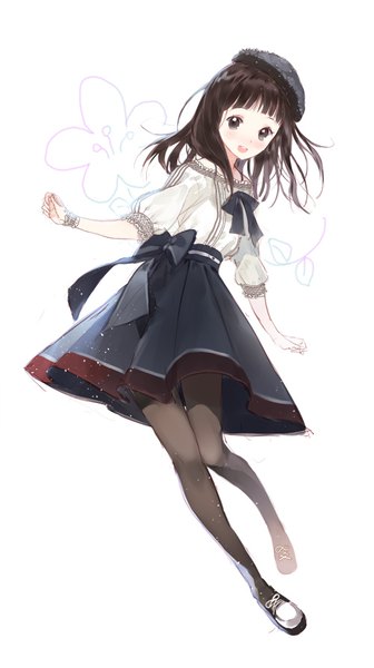 Anime picture 500x892 with original macciatto (aciel02) single long hair tall image looking at viewer open mouth black hair simple background white background full body :d black eyes girl skirt pantyhose black pantyhose beret blouse