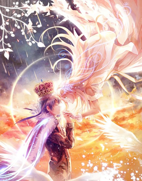 Anime picture 843x1079 with soredemo sekai wa utsukushii studio pierrot nike remercier livius orvinus ifriqiyah lns long hair tall image fringe short hair open mouth blonde hair smile standing bare shoulders purple hair cloud (clouds) eyes closed hair flower sunlight hair over one eye