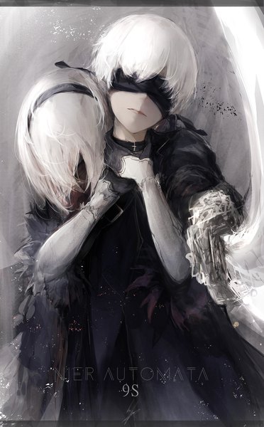 Anime picture 1210x1952 with nier nier:automata yorha no. 2 type b yorha no. 9 type s marumoru tall image fringe short hair multiple girls holding white hair head tilt lips hug outstretched arm pale skin hug from behind blindfold choking girl