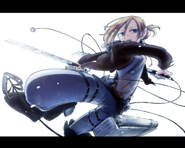 Anime picture 1102x885 with shingeki no kyojin production i.g annie leonhart dcba single long hair blue eyes simple background blonde hair white background holding open clothes open jacket letterboxed dual wielding battle girl weapon sword belt