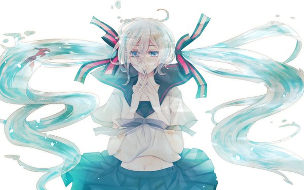 Anime picture 1536x960 with vocaloid hatsune miku bottle miku mizuyu single simple background wide image white background twintails very long hair aqua eyes aqua hair liquid hair girl skirt uniform bow hair bow school uniform serafuku