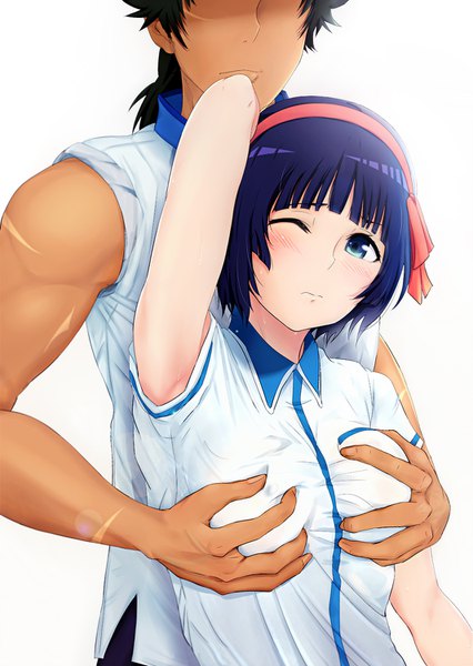 Anime picture 1066x1500 with kuromukuro p.a. works shirahane yukina ouma kennosuke tokisada archibald (adahalt389zp) long hair tall image looking at viewer blush fringe short hair breasts blue eyes light erotic black hair simple background white background blue hair upper body blunt bangs