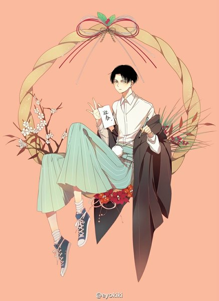 Anime picture 790x1084 with shingeki no kyojin production i.g levi (rivaille) eyokiki single tall image short hair black hair simple background signed looking away full body traditional clothes japanese clothes alternate costume orange background boy shirt shoes white shirt