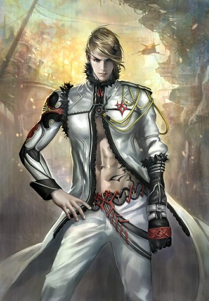 Anime picture 706x1017 with revenge of dragoon tagme (artist) tall image looking at viewer fringe short hair blue eyes blonde hair standing open clothes open jacket tattoo hand on hip boy gloves navel hair ornament jacket hairclip fur