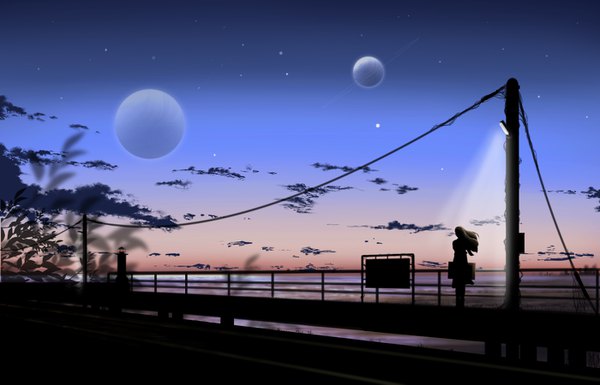 Anime picture 1400x900 with original kijineko single sky cloud (clouds) outdoors wind night night sky horizon silhouette girl sea star (stars) lantern planet power lines lighthouse