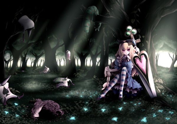 Anime picture 2480x1748 with alice in wonderland alice (wonderland) long hair highres blonde hair pink eyes girl thighhighs dress sword tree (trees) striped thighhighs forest card (cards)