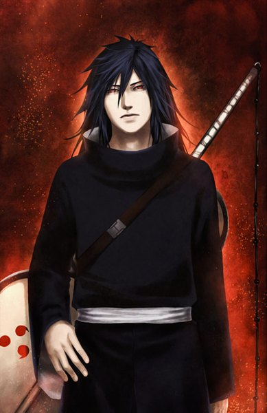 Anime picture 1200x1851 with naruto studio pierrot naruto (series) uchiha madara tagme (artist) single long hair tall image looking at viewer fringe fingernails hand on hip sharingan aura boy weapon fire