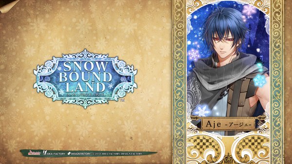 Anime picture 1920x1080 with snow bound land idea factory aje single looking at viewer fringe highres short hair simple background red eyes wide image blue hair scan inscription official art copyright name character names snowing boy armor