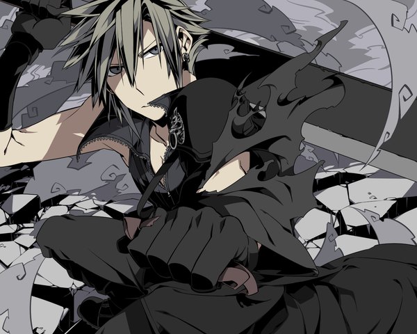 Anime picture 1280x1024 with final fantasy vii cloud strife single looking at viewer short hair black hair grey eyes torn clothes boy gloves weapon earrings sword