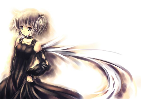 Anime picture 1200x848 with katahane tarte belle (katahane) abudala (artist) single looking at viewer fringe short hair blue eyes simple background standing twintails white hair short twintails girl dress wings black dress