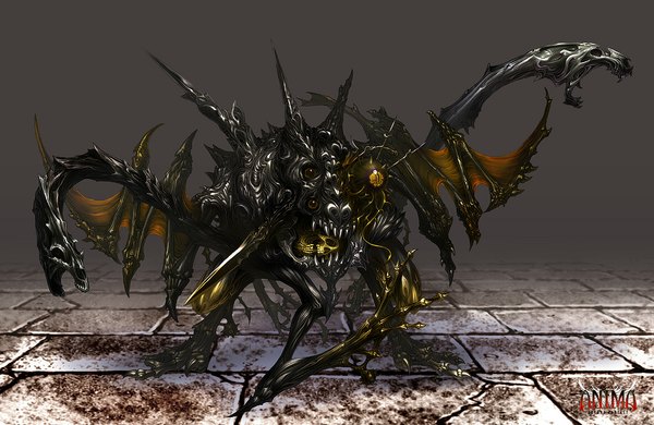 Anime picture 1110x722 with anima wen-m open mouth weapon wings monster