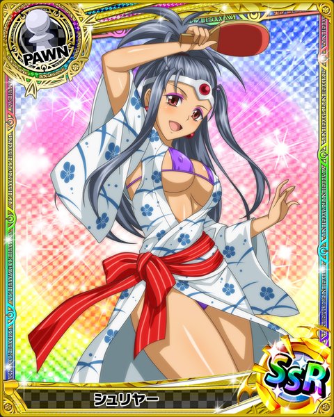 Anime picture 640x800 with highschool dxd tagme (character) single long hair tall image looking at viewer blush breasts open mouth light erotic brown eyes traditional clothes japanese clothes grey hair card (medium) girl hair ornament swimsuit bikini kimono
