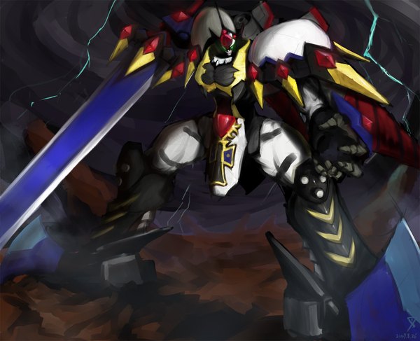 Anime picture 1600x1300 with super robot wars super robot wars original generation thrudgelmir charimei single standing signed no people weapon sword mecha