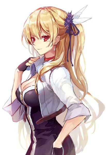 Anime picture 548x800 with eiyuu densetsu alisa reinford achan (blue semi) single long hair tall image looking at viewer fringe breasts simple background blonde hair smile hair between eyes red eyes standing white background twintails cleavage upper body girl