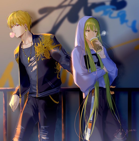 Anime picture 1012x1024 with fate (series) fate/strange fake gilgamesh (fate) enkidu (fate) rrr (reason) tall image short hair blonde hair red eyes green eyes signed very long hair green hair open jacket multiple boys dated casual androgynous drinking contemporary