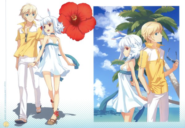Anime picture 3031x2098 with dj max blonde blossom (artbook) suee highres blue eyes simple background blonde hair red eyes white background animal ears absurdres sky cloud (clouds) white hair profile aqua eyes scan couple multiview hand in pocket