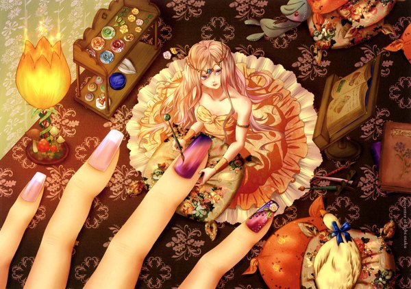 Anime picture 2119x1492 with original oekaki musume (qpixiv) gray312 long hair highres sitting purple eyes bare shoulders nail polish multicolored hair nail art multicolored nail polish applying nail polish girl dress animal pillow bird (birds) book (books) toy